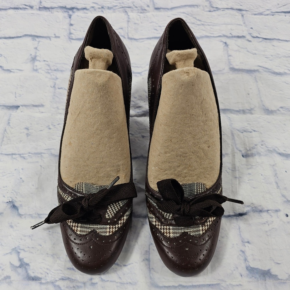 Franco Sarto Halley Heels Women 9 Brown Plaid Wingtip Block Pump Bow Academia - Picture 2 of 14
